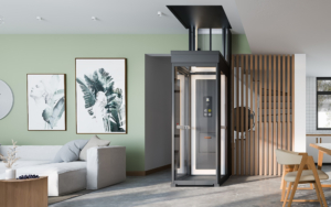 Contemporary home elevator with glass doors in living room setting.