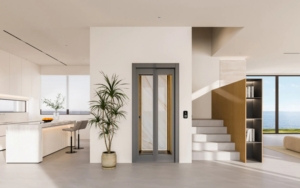 Sleek elevator with glass doors in stylish modern interior.