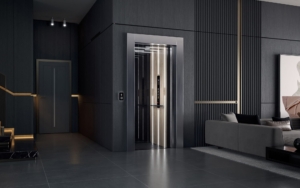 Contemporary elevator with sleek design in upscale building lobby.